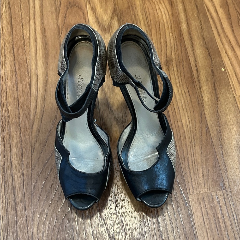 JASON WU Black & Gray Leather Platform Snake Skin Platform Heels